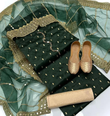 Fancy partywear with full embroidery, 2.5 Gaz organza, sequin, zari & shesha work. Perfect for winter & wedding season.