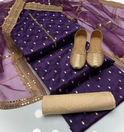 Fancy partywear with full embroidery, 2.5 Gaz organza, sequin, zari & shesha work. Perfect for winter & wedding season.