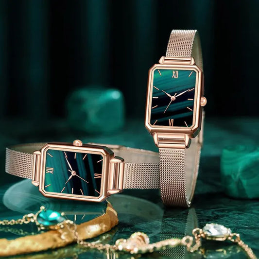 Women's Luxury Rose Gold Square Watch & Bracelet Set