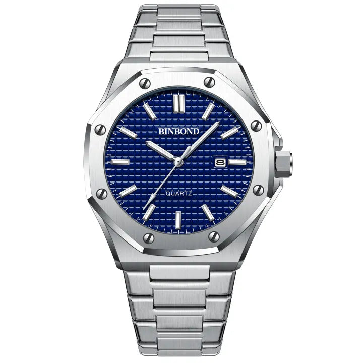 BINBOND Men's Quartz Watch – Waterproof, Steel, Calendar, Luminous.