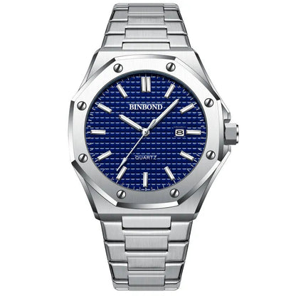 BINBOND Men's Quartz Watch – Waterproof, Steel, Calendar, Luminous.