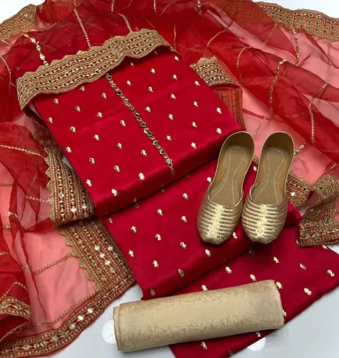 Fancy partywear with full embroidery, 2.5 Gaz organza, sequin, zari & shesha work. Perfect for winter & wedding season.