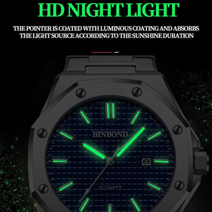 BINBOND Men's Quartz Watch – Waterproof, Steel, Calendar, Luminous.