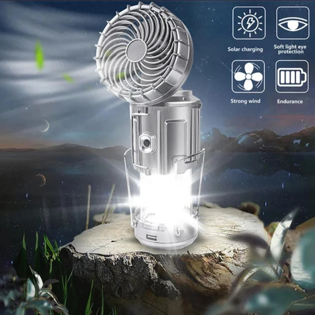 Solar Rechargeable Camping Fan with LED Lantern Light